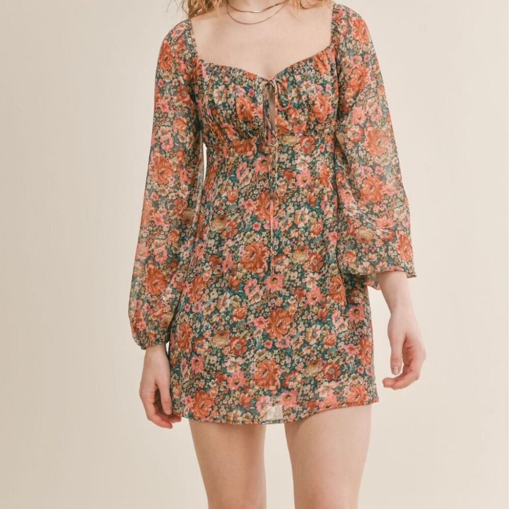Women's Feminine Floral Mini Dress | Green Multi